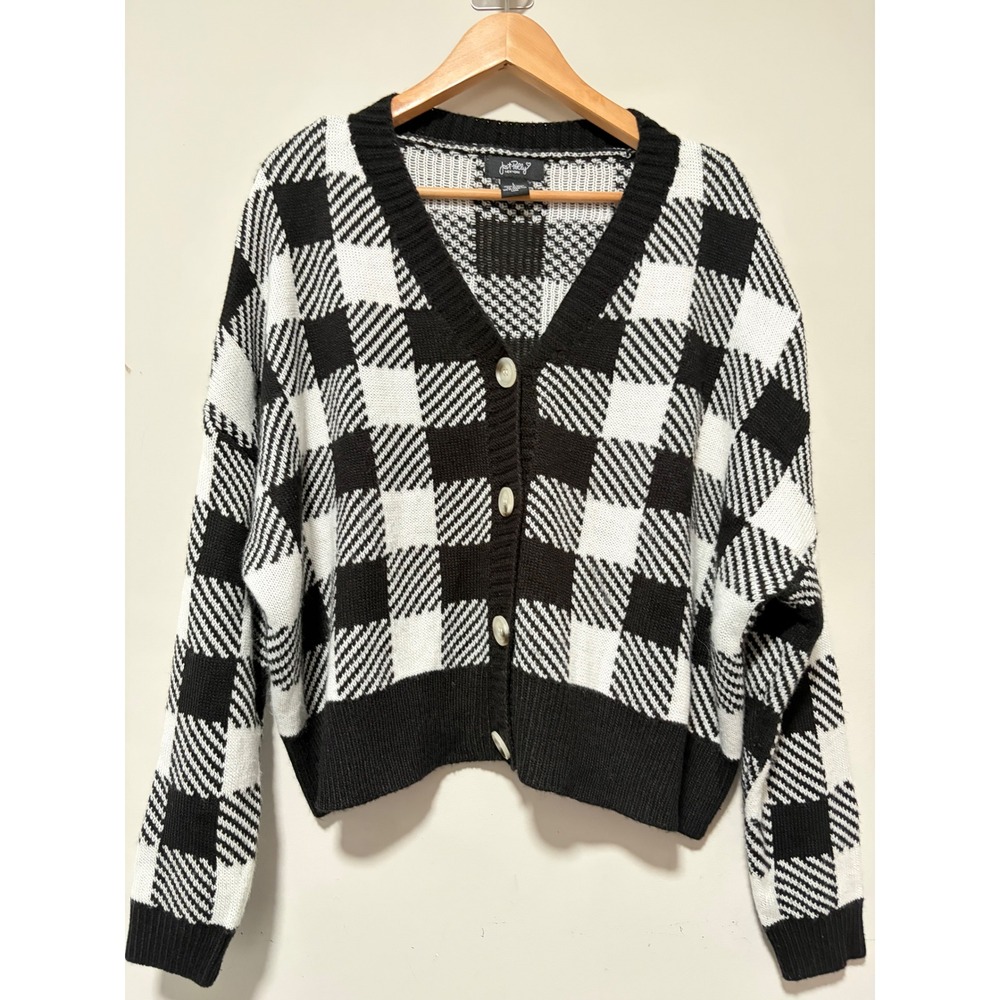 Just Polly Black White Checkered Cardigan Sweater Womens Large Button Front Knit